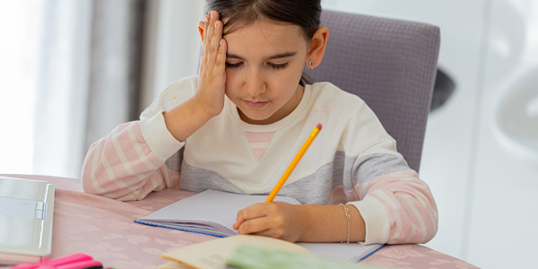 Menina sentada fazendo seus deveres de casa, com uma das mãos na cabeça com expressão preocupada e a outra mão segurando lápis
